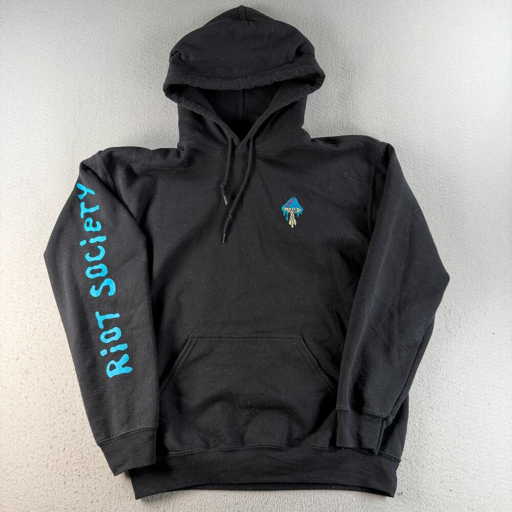 Riot Society Mushroom Hoodie Black Embroidered Graphic Sleeve Logo Pullover